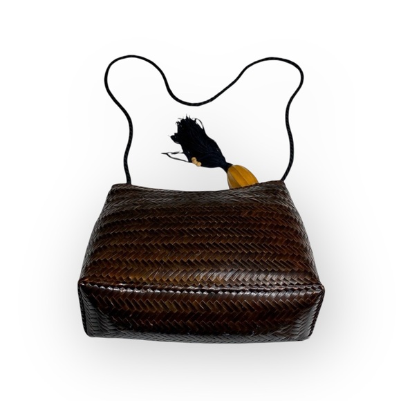 Vintage: Genie ꧁ Woven Straw Shoulder Bag Handbag ꧁ Wood Bead Tassel ꧂ Brown - Picture 6 of 16